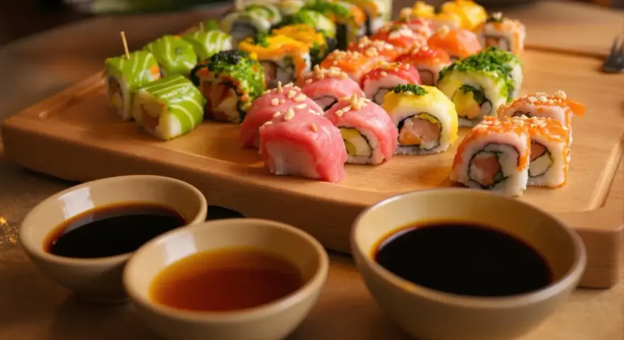 Kolorowe rolki sushi na desce, gotowe do zanurzenia w aromatycznych sosach.