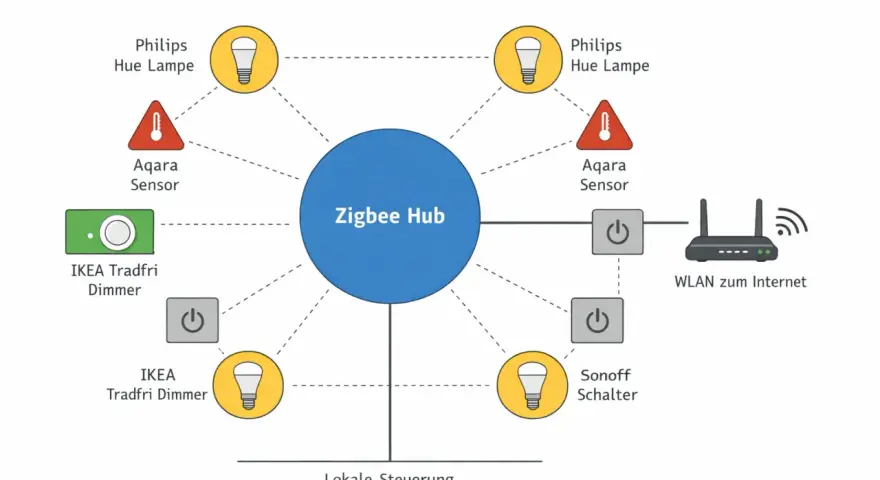 Zigbee 3.0 Mesh-Netzwerk mit Hub, Lampen, Sensoren, Dimmern und Schaltern. Ein WLAN-Router verbindet das System mit dem Internet. Was ist Thread? Ein ähnliches Protokoll für Smart Homes.
