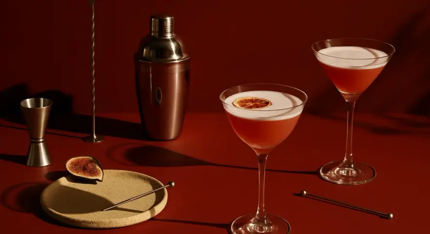 Elegancki drink z czerwonym winem, ozdobiony plasterkiem cytrusa, obok shakera i kieliszka z pianką.