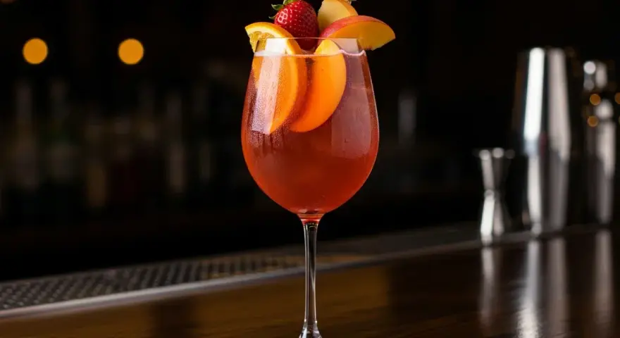 Ett glas med röd cava sangria, garnerat med apelsinskivor, jordgubbe och persika.