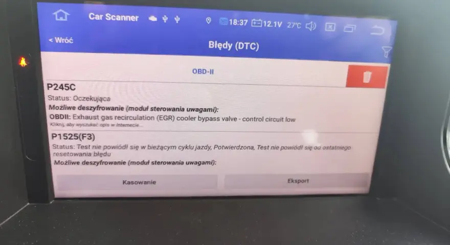 Ekran skanera OBD-II z błędami DTC: P245C (zawór obejściowy chłodnicy EGR - niski obwód sterowania) i P1525(F3) (test nie powiódł się) w Renault.
