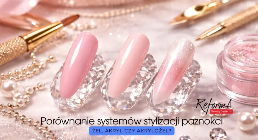 Porównanie stylizacji paznokci: żel, akryl czy akrylożel? Delikatne odcienie różu i brokatowe zdobienia.