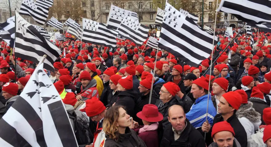 Foule portant le bonnet rouge breton, brandissant des drapeaux bretons.