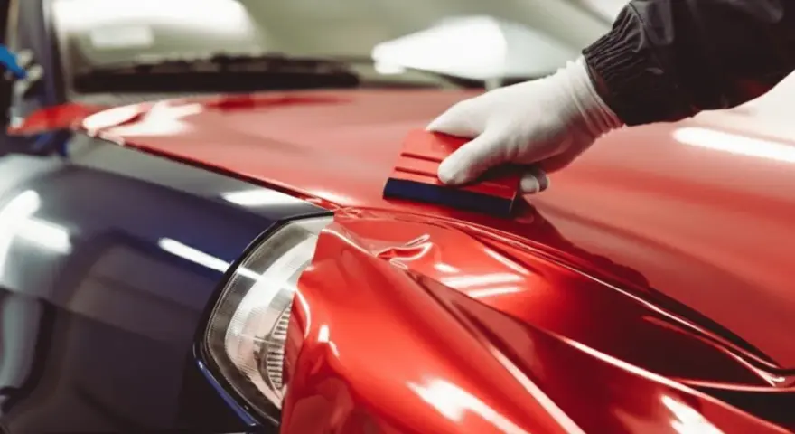 A gloved hand uses a squeegee to apply a shiny red diy car wrap over a blue car fender.