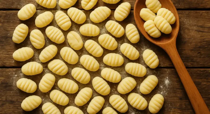 Frische Gnocchi Nudeln, liebevoll geformt und auf einem rustikalen Holztisch arrangiert, einige davon auf einem Holzlöffel.