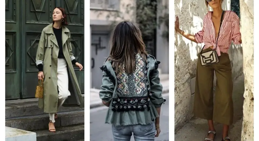 Trois femmes portent des tenues stylées. L'une arbore une tenue avec veste kaki, pantalon blanc et trench. Une autre porte une veste kaki ornée de motifs ethniques. La troisième est en pantalon kaki et chemise rayée.