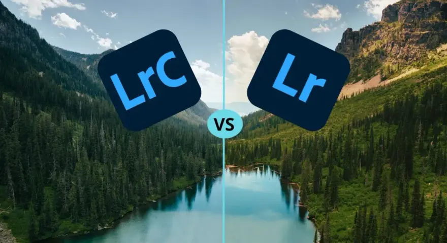 Comparaison visuelle entre Lightroom Classic (LRC) et Lightroom (LR) sur un paysage de montagne et de lac.
