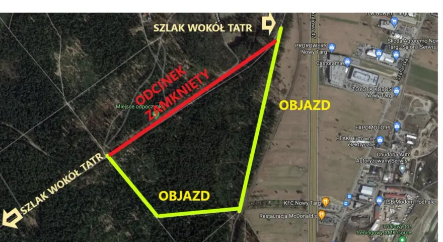 Mapa z zaznaczonym objazdem na Szlaku Wokół Tatr. Odcinek zamknięty, wyznaczono trasę objazdu. Idealna na rowerem dookoła Tatr w jeden dzień.