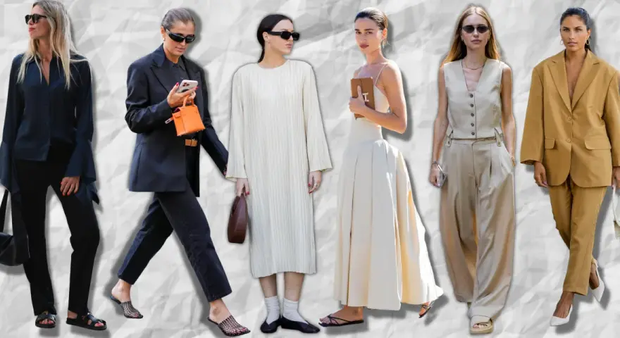 Seis mujeres lucen elegantes outfits para el primer día de trabajo: trajes sastre, vestidos y pantalones anchos en tonos neutros.