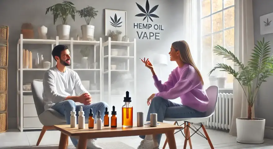 Pareja conversando sobre vap que es, con aceites de cáñamo y un vapeador en la mesa.