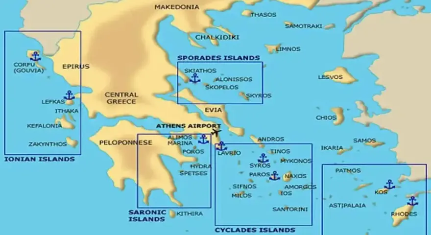 Mapa Grecji z zaznaczonymi archipelagami: Wyspy Jońskie, Sarońskie, Sporady, Cyklady i Dodekanez. Idealne na wakacje na wyspach greckich.