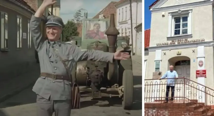 Scena z serialu "Gdzie kręcono Wiosna Panie Sierżancie" i współczesne zdjęcie Muzeum Stanisława Grzesiuka.