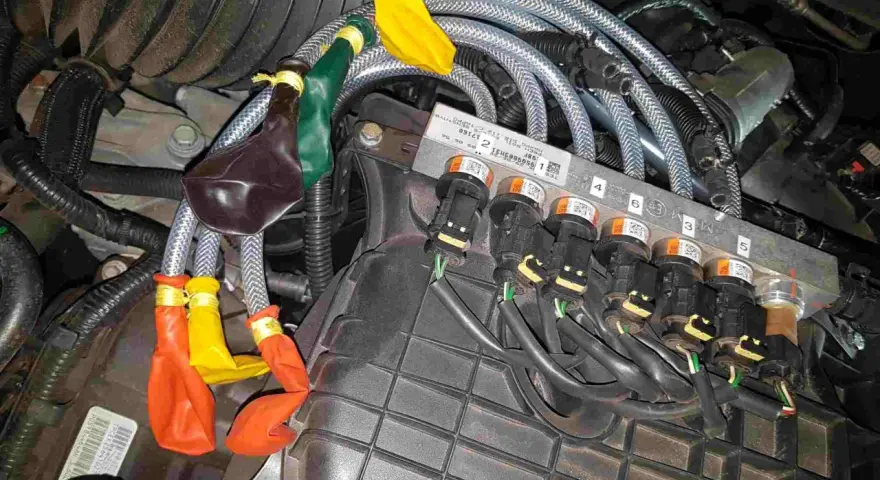 Motorkomponenten mit bunten Ballons an Leitungen. Mögliche Symptome eines defekten Benzinpumpenrelais sind hier zu sehen.