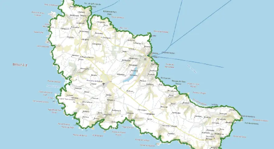 Carte de Belle-Île-en-Mer, montrant les côtes, les villages et les points d'intérêt de cette île bretonne.