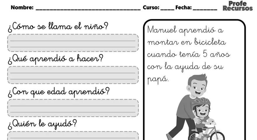 Ficha de comprensión lectora con preguntas sobre Manuel aprendiendo a montar en bicicleta con su papá.