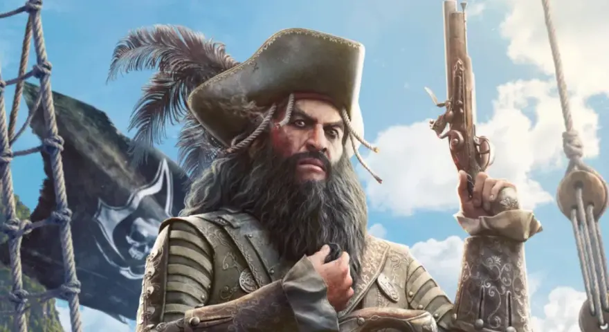 Piracki kapitan z pistoletem i czarną flagą z czaszką, jak z remake'u Black Flag.