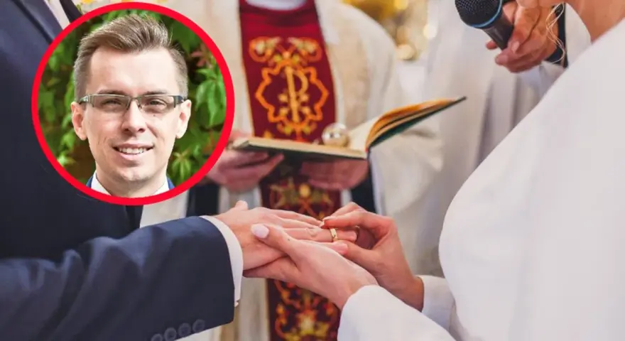 Mężczyzna w okularach w okręgu, obok ceremonii ślubnej. Rozważanie konsekwencji unieważnienia małżeństwa kościelnego.