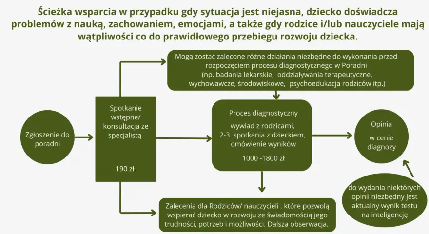 Schemat ścieżki wsparcia dla dzieci z trudnościami. Proces obejmuje zgłoszenie, konsultację, diagnozę psychologiczną, zalecenia i opinię.