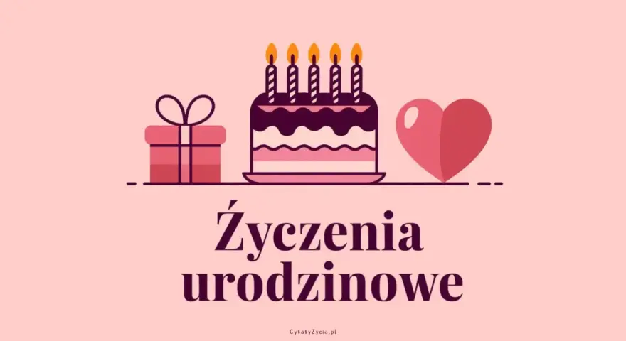 Kochana, wszystkiego najlepszego z okazji urodzin! Uroczy tort, prezent i serce na różowym tle.