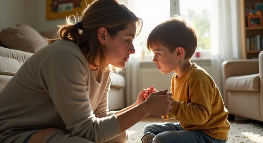 Matka czule trzyma dłonie syna, rozmawiając z nim o tym, jak oduczyć dziecko przeklinania.