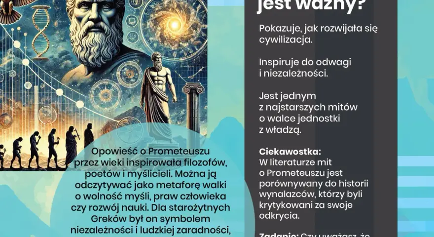 Mit o Prometeuszu ciąg dalszy: historia inspirująca do odwagi, walki o wolność myśli i rozwoju nauki.