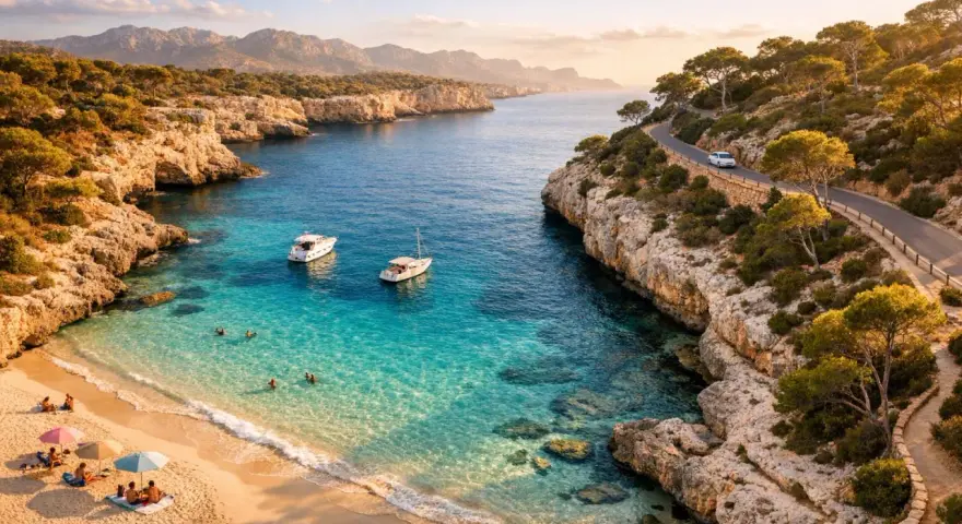 Malownicza zatoka na największej wyspie balearów. Turkusowa woda, piaszczysta plaża, łodzie i kręta droga wzdłuż klifu.