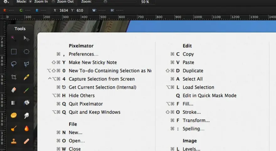 Zrzut ekranu z menu Pixelmator. Widoczne opcje takie jak "Edit", "File", "Image" oraz narzędzia po lewej stronie.