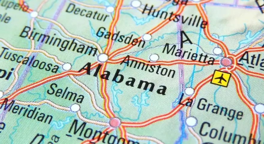 Map of Alabama showing cities like Birmingham and Montgomery. Planning a drone flight? Check Alabama drone laws before takeoff.