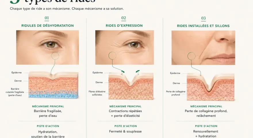 Infographie expliquant 3 types de rides : déshydratation, expression, installées. Solutions anti ride naturel pour chaque cause.