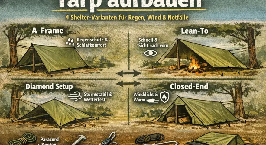 Tarp aufbauvarianten: A-Frame, Lean-To, Diamond Setup, Closed-End. Zeigt vier verschiedene Schutzunterkünfte für Outdoor-Abenteuer.