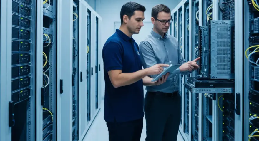 Two IT professionals review network infrastructure technologies on a tablet amidst rows of servers in a data center.