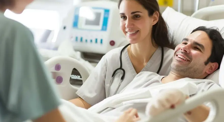 Uśmiechnięty pacjent w szpitalu rozmawia z opiekunką medyczną. Czy opiekun medyczny może robić zastrzyki? To zależy od jego kwalifikacji i przepisów.