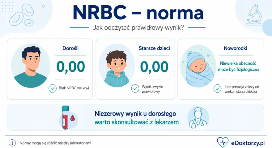 Normy NRBC dla dorosłych i starszych dzieci to 0,00. U noworodków niewielka obecność NRBC może być fizjologiczna.