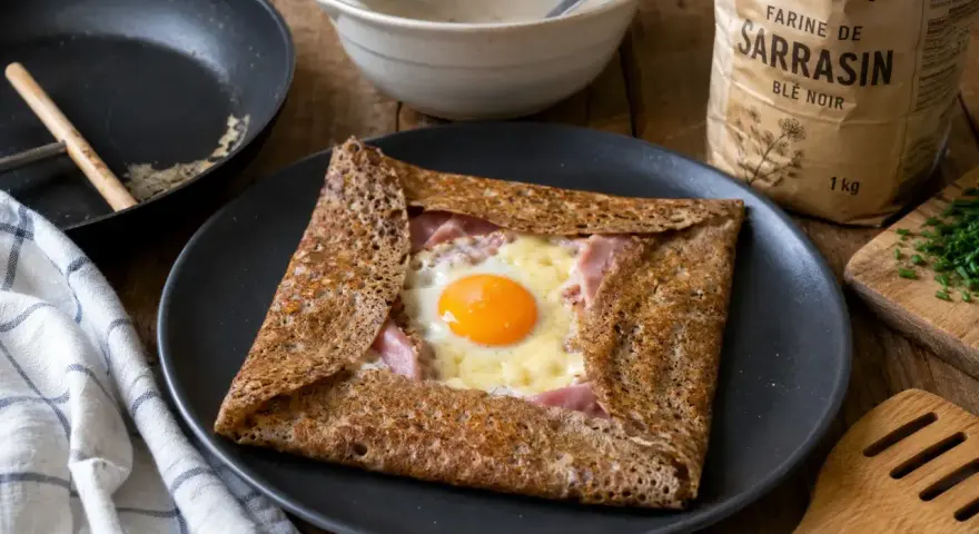 Une galette de sarrasin de grand-mère marmiton, garnie de jambon, fromage et œuf au plat. Un délice simple et réconfortant.