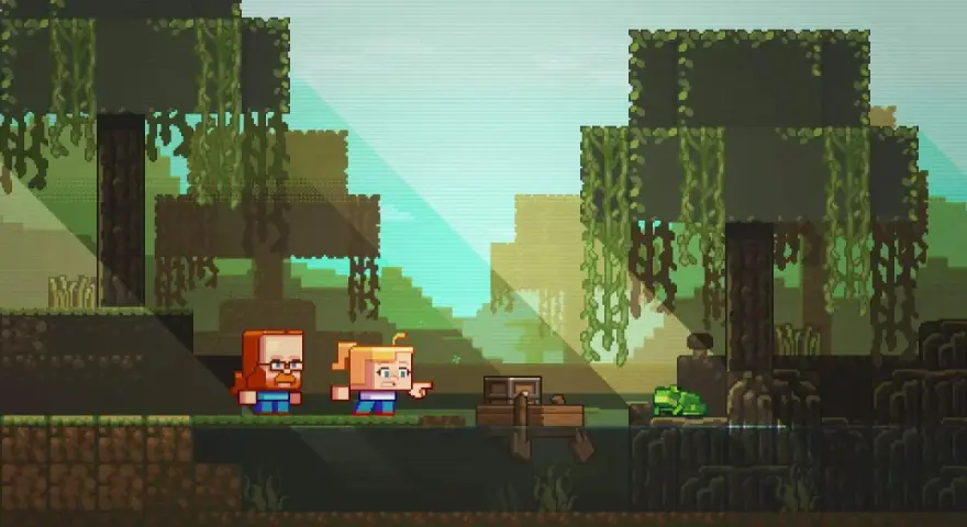 Dos personajes de Minecraft exploran un manglar, con un cofre flotando y una rana cerca.