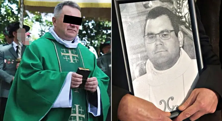 Wikary w zielonej szacie trzyma książkę, obok zdjęcie innego księdza.