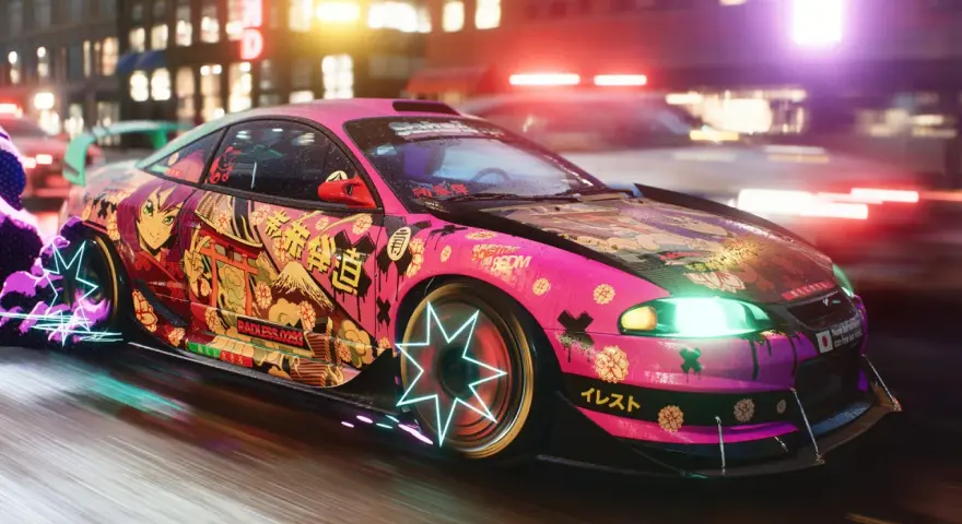 Różowy sportowy samochód z anime grafiką i neonowymi felgami, gotowy na nocne wyścigi, kiedy nowy Need for Speed.