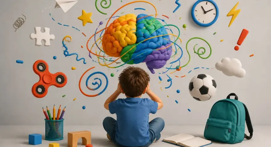 Chłopiec zamyka uszy, gdy kolorowy mózg wiruje nad nim. Czy dysleksja jest dziedziczna? Zabawki, zegar, piłka i plecak sugerują szkolne życie.