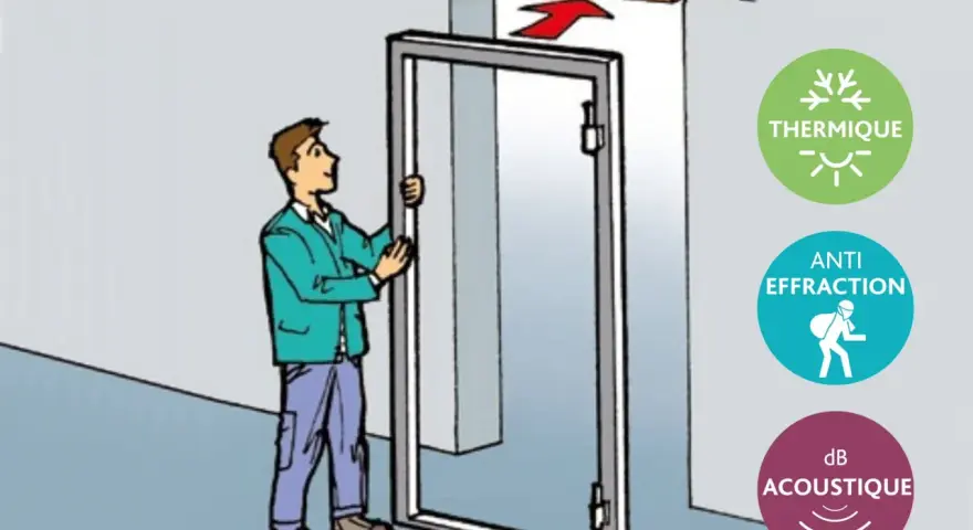 Un homme installe une porte. Le montage ressort ferme-porte assure isolation thermique, anti-effraction et acoustique.