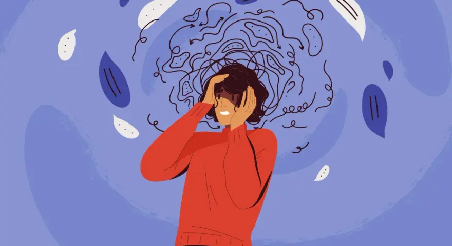Una persona con le mani tra i capelli, circondata da pensieri caotici, simboleggia l'insoddisfazione lavorativa e la depressione.