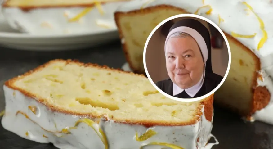 Pyszna babka cytrynowa siostry Anastazji, udekorowana lukrem i skórką cytrynową, z jej uśmiechniętym portretem w tle.