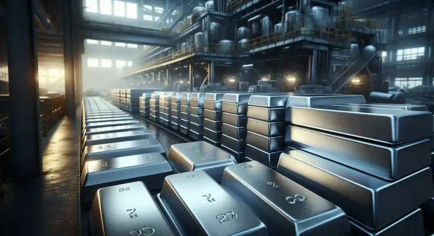 Lingotti lucidi, esempi di leghe metalliche, impilati in una fonderia industriale illuminata dalla luce del sole.