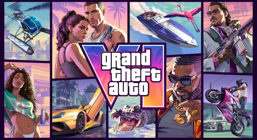 El arte promocional de GTA 6 PC muestra un helicóptero, una pareja, un coche deportivo, un cocodrilo, un hombre con un rifle, un hombre con cadenas y una moto haciendo un caballito.