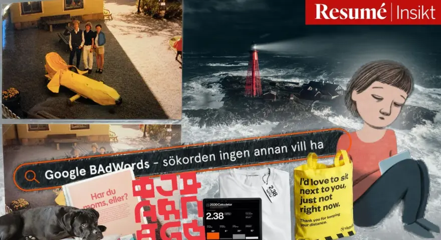 En person sitter uttråkad på jobbet, omgiven av bilder på en bananbil, ett fyrhus i storm, en hund och en text om att hålla avstånd.