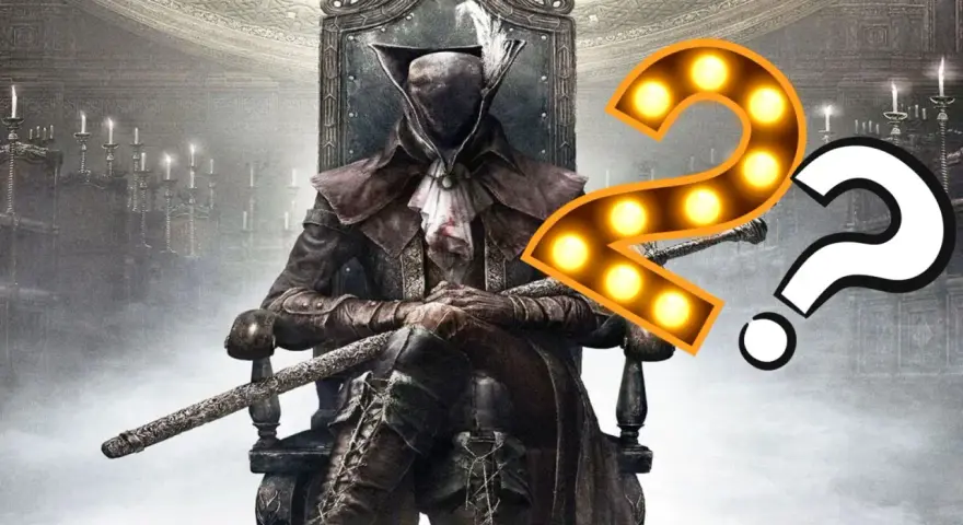 Postać z Bloodborne 2 na tronie, z mieczem, otoczona świecami i znakami zapytania.