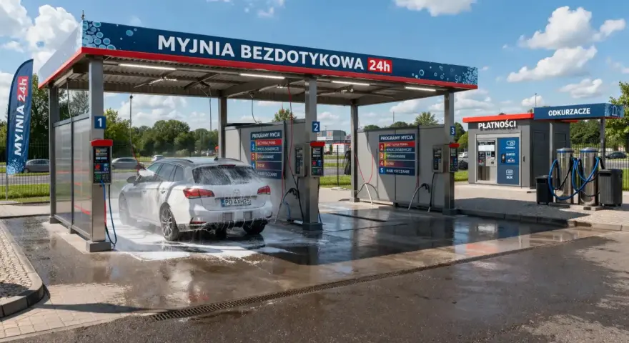 Nowoczesna myjnia bezdotykowa 24h, gdzie auto jest myte pianą. Zastanawiasz się, ile kosztuje postawienie myjni samochodowej? To miejsce daje odpowiedź.