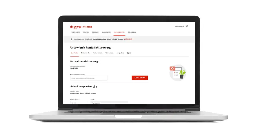 Laptop z otwartym interfejsem ustawień konta fakturowego Energa, widoczne pola do edycji nazwy i adresu.