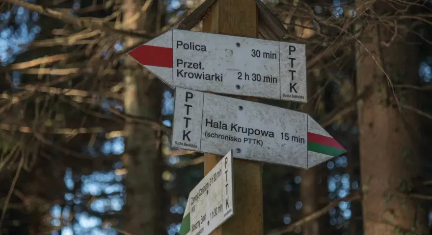 Znaki szlaków PTTK wskazują drogę do Hali Krupowej (15 min) i Przełęczy Krowiarki (2h 30 min).