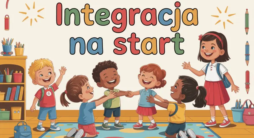 Radosne dzieci klas 1-3 bawią się w kółeczku, tworząc wspaniałe zabawy integracyjne na start.