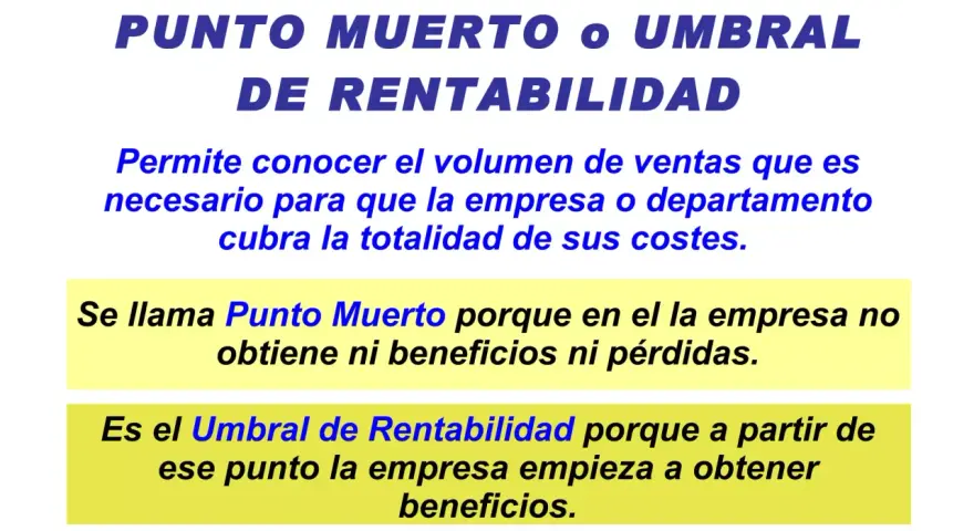Título: Punto Muerto o Umbral de Rentabilidad. Explica cómo calcular el umbral de rentabilidad, el volumen de ventas para cubrir costes.